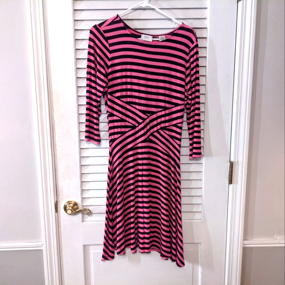 Knee length, stretchy pink and black dress